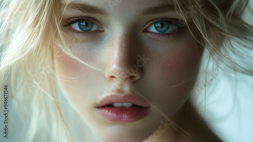 Close-up Portrait of a Young Woman with Blonde Hair and Blue Eyes