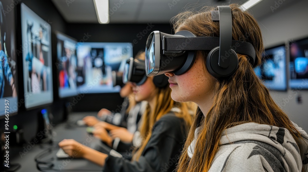 A group of students using a range of educational technologies, from interactive whiteboards to virtual reality simulations, to enhance their learning experience A group of students using a range of educational technologies, from interactive whiteboards to virtual reality simulations, to enhance their learning experience