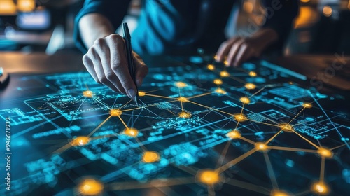 A blockchain developer meticulously examining a complex network diagram, working to optimize the security and scalability of a decentralized application