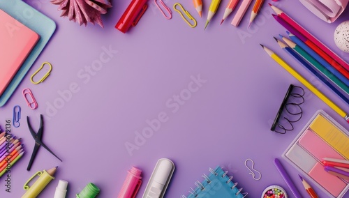 School supplies on a soft lavender background, arranged attractively in corners for educational appeal