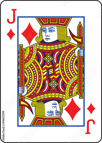 Jack of Diamonds playing card design and drawing in colorful cartoon vector
