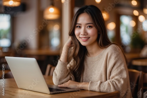 young woman working on laptop in cozy cafe 