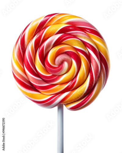 Lollipop swirl on a stick isolated on white background, red yellow photo