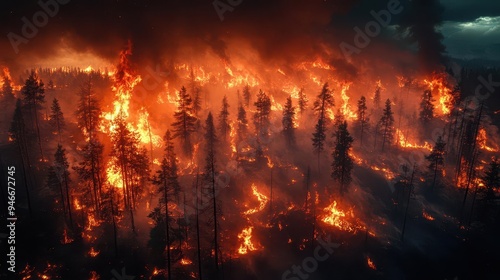 aerial view of raging wildfire scorched forest billowing orange smoke fiery embers night sky illuminated by flames apocalyptic landscape photo