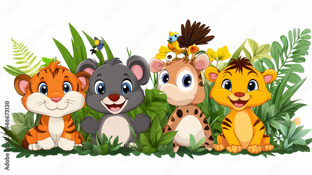 Naklejka premium Animal Grass Cartoon: Fun and Colorful Cartoon Wildlife, Jungle, safari animals , Illustration
