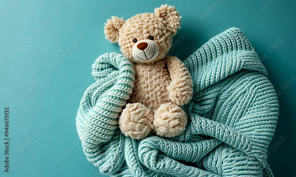 A toy bear wrapped in a knitted blanket