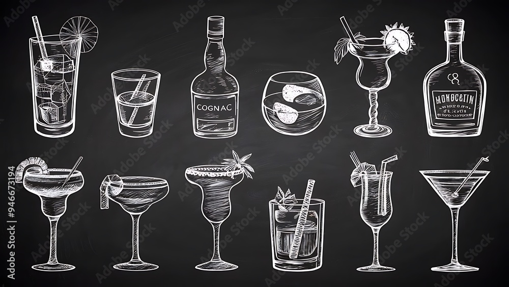 Hand sketched cocktails glasses of alcoholic beverages. Vector set drinks illustrations on chalkboard. Gin tonic, shot, cognac, whiskey, pina colada, margarita, red wine, mojito, vodkatini, champagne Hand sketched cocktails glasses of alcoholic beverages. Vector set drinks illustrations on chalkboard. Gin tonic, shot, cognac, whiskey, pina colada, margarita, red wine, mojito, vodkatini, champagne