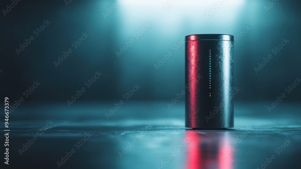 A futuristic metallic cylinder with a sleek, minimalistic design standing on a reflective surface under a dramatically lit atmosphere, evoking a sense of modern technology. A futuristic metallic cylinder with a sleek, minimalistic design standing on a reflective surface under a dramatically lit atmosphere, evoking a sense of modern technology.