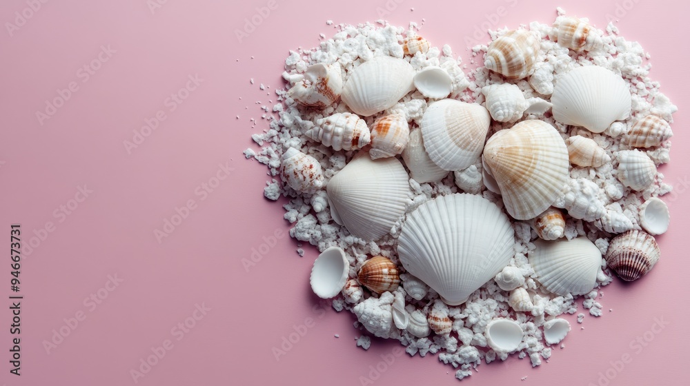 A diverse collection of seashells creating a heart-shaped collage over a pink and white blend background, highlighting natural beauty and a heartfelt coastal theme.