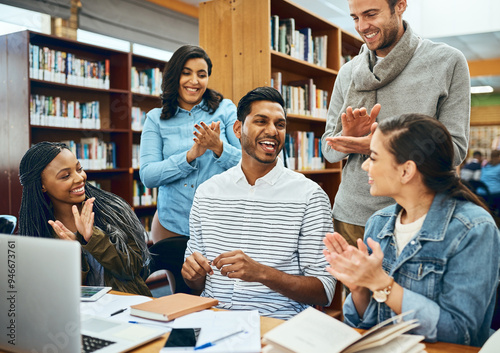 University, students and library with applause from group project success with celebration. College, education center and friends with motivation and people clapping from achievement with diversity