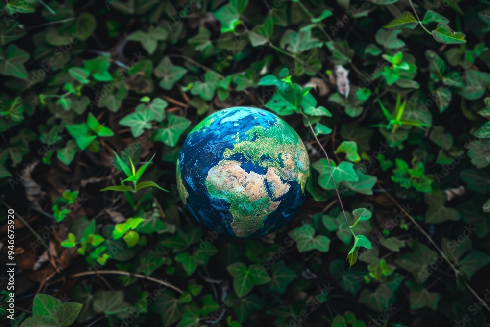 Small Earth globe surrounded by green leaves and plants. Environmental conservation and sustainability concept. Generative AI Small Earth globe surrounded by green leaves and plants. Environmental conservation and sustainability concept. Generative AI