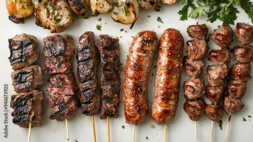 A variety of grilled meat dishes including skewered kebabs, sausages, and charred vegetables are laid out for a summer barbecue feast