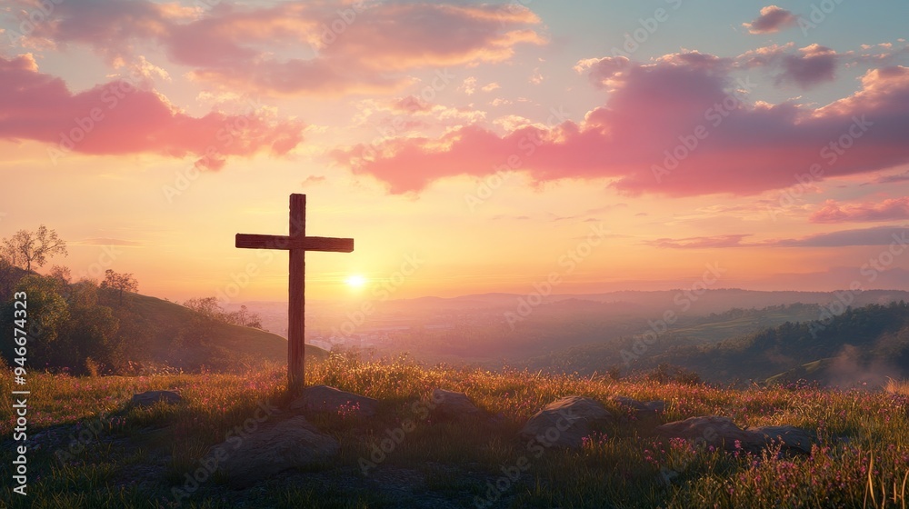 A solitary wooden cross stands tall on a grassy hilltop, silhouetted against a breathtaking sunset sky. The cross symbolizes faith, hope, and the promise of redemption, while the setting sun represen A solitary wooden cross stands tall on a grassy hilltop, silhouetted against a breathtaking sunset sky. The cross symbolizes faith, hope, and the promise of redemption, while the setting sun represen