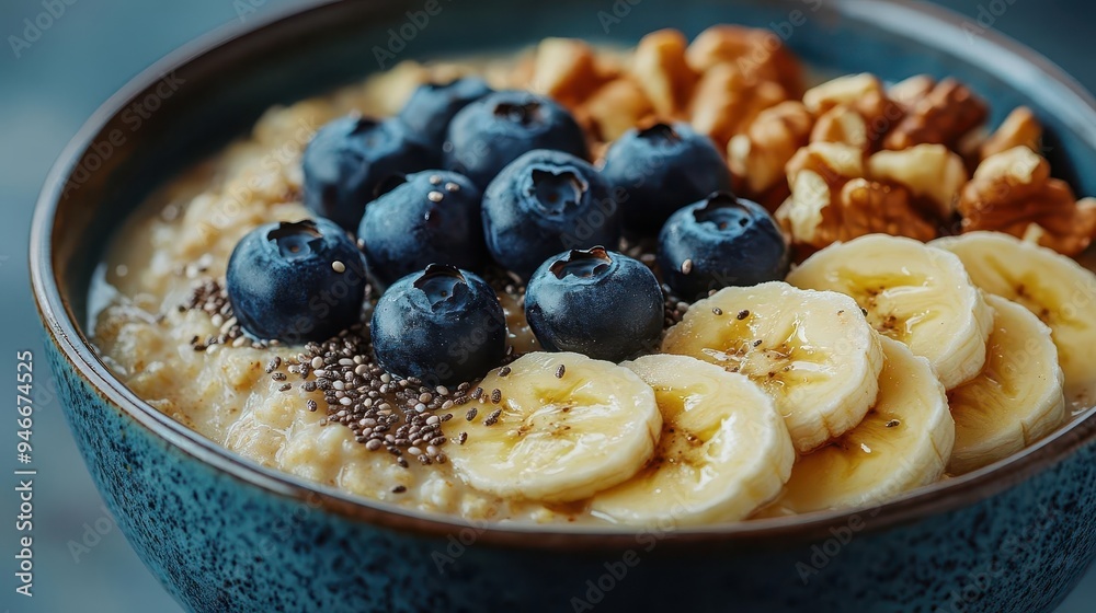 artfully arranged bowl of oatmeal porridge toppings include sliced banana plump blueberries walnuts and chia seeds almond milk swirl healthy breakfast aesthetic artfully arranged bowl of oatmeal porridge toppings include sliced banana plump blueberries walnuts and chia seeds almond milk swirl healthy breakfast aesthetic