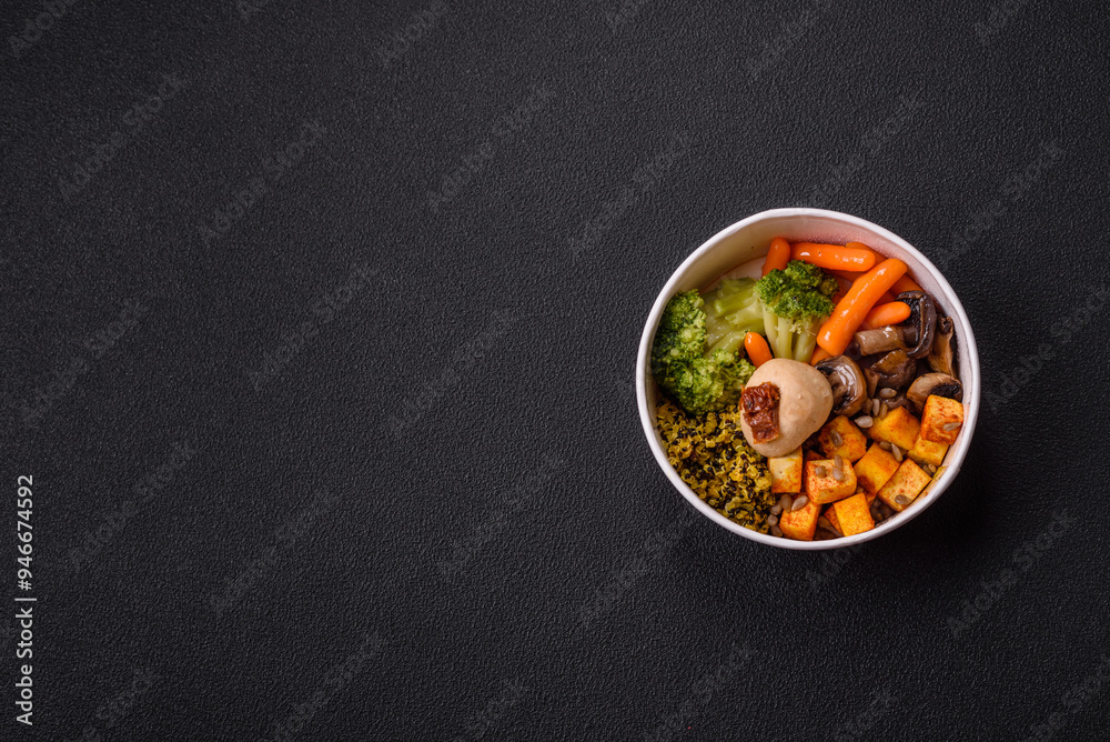 Colorful vegan vegetarian dish consists of tofu, broccoli, quinoa, mushrooms Colorful vegan vegetarian dish consists of tofu, broccoli, quinoa, mushrooms