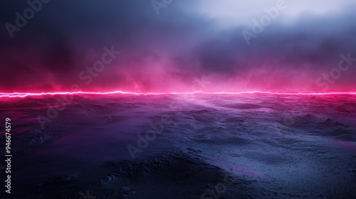 A vast, desolate dark terrain is illuminated by a neon pink horizon beneath stormy clouds, capturing a dramatic and surreal atmosphere that inspires awe and intrigue. photo