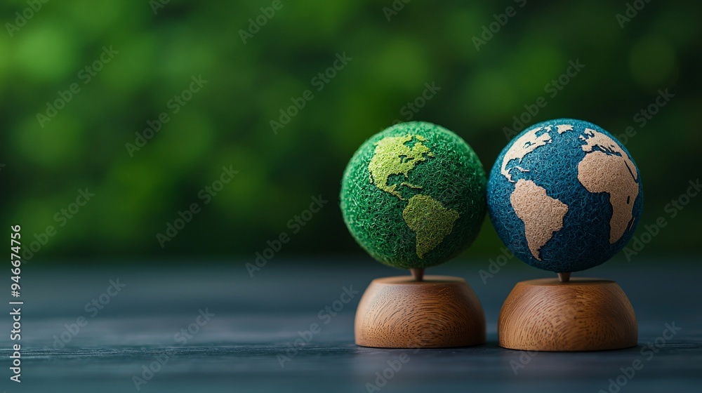 Two Earths on Wooden Stands. Two Earths on Wooden Stands.