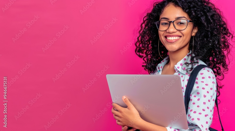 Smiling student with glasses, curly hair, holding a laptop, on a bright fuchsia background, designed for copy space Smiling student with glasses, curly hair, holding a laptop, on a bright fuchsia background, designed for copy space