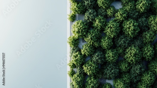 The image represents a vertical wall densely packed with green leaves, creating a lush and vibrant appearance, symbolizing nature and greenery in a modern context. photo