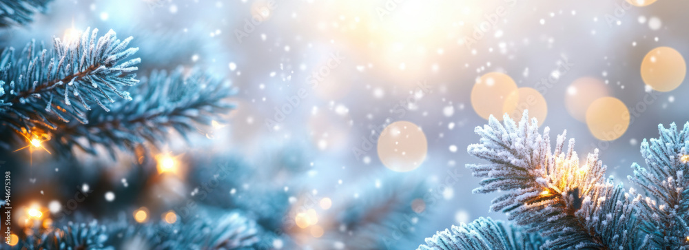 Christmas background. Xmas tree with snow decorated with garland lights, holiday festive background. Widescreen frame backdrop. New year Winter art design, Christmas scene wide screen holiday border