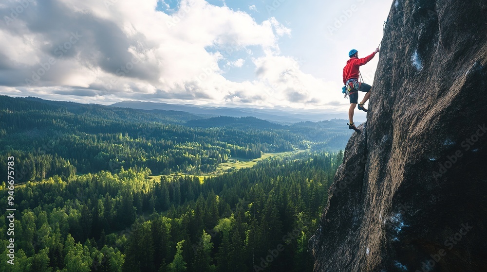Fototapeta premium A rock climber reaching the summit of a cliff, with a breathtaking valley and forest below