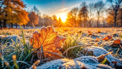 Autumn morning, first light frosts, melting frost on autumn grass and fallen leaves #946675725