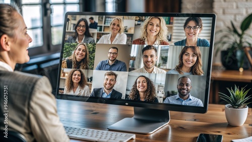 Monitor screen with virtual meeting, daily meeting