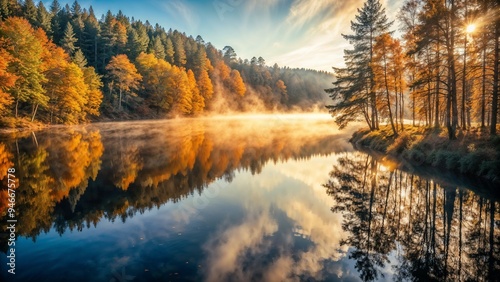 Autumn forest lake shore with remnants of light fog on a quiet sunny autumn morning