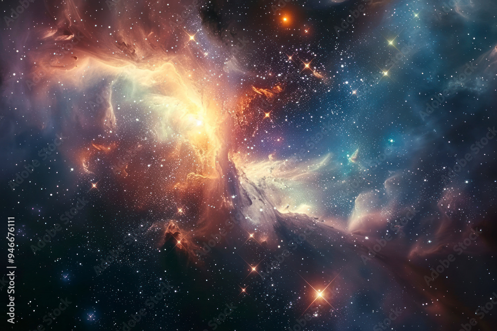 Mysterious cosmic scene against a dark linear gradient background.