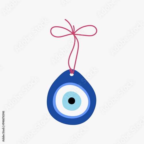 Evil eye with red bow. Suvenir, symbol of protection. Greek or turkish amulet for luck. Nazar Boncugu talisman