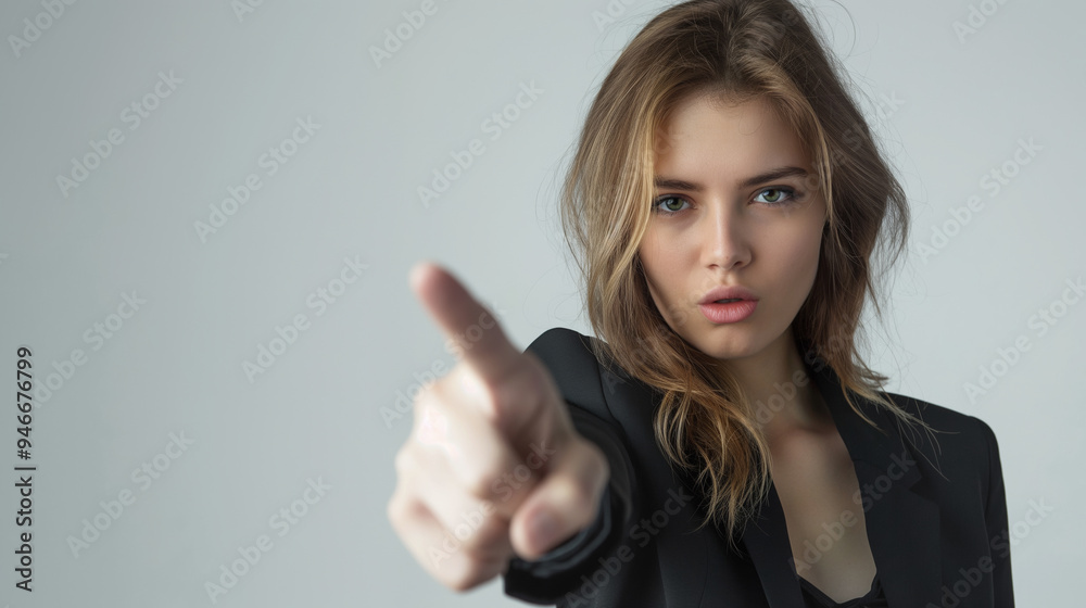 Young woman in black blazer pointing directly at camera with intense expression against light gray background. She exudes confidence and determination conveying strong sense of purpose and authority Young woman in black blazer pointing directly at camera with intense expression against light gray background. She exudes confidence and determination conveying strong sense of purpose and authority
