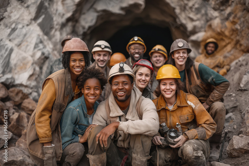 Group of miners smiling and posing at entrance of mine, wearing helmets and work clothes. They appear happy and diverse, with rocky surroundings in the background