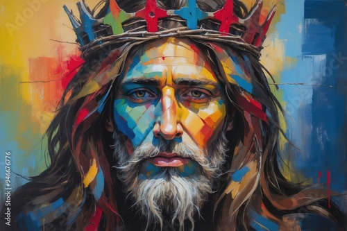 vibrant abstract portrait of man with crown of thorns
 photo