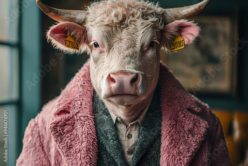 A cow dressed in a pink coat and tie.