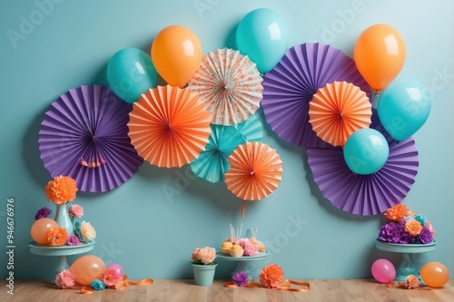 colorful paper fan decorations on teal wall with balloons
 photo