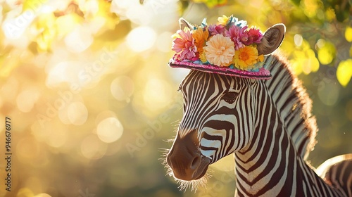   A close-up of a zebra wearing a hat on its head with flowers in its mane