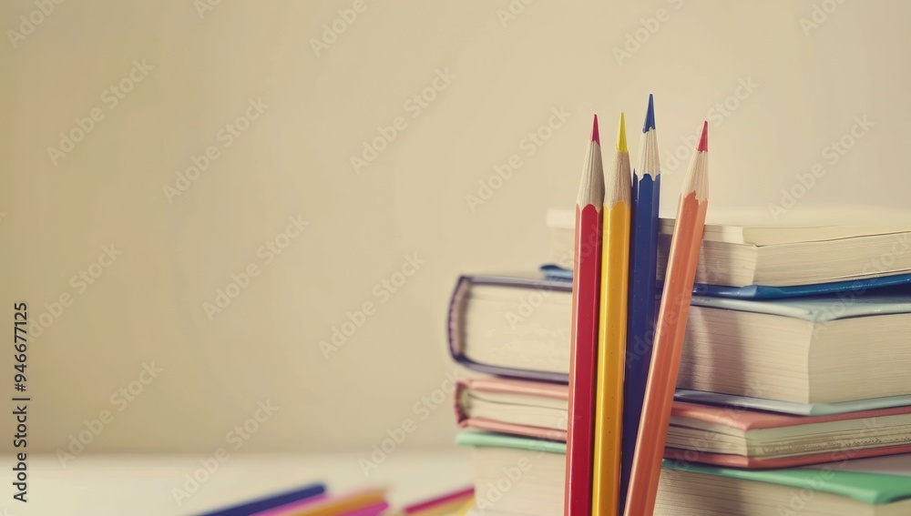 Fototapeta premium Soft ivory background with books and pencils, ideal for a clean and inviting educational promo