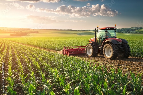 Red tractor tilling green farmland under blue sky