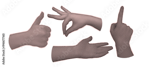 Trendy halftone collage elements. Set gestures collection on a white background. Various hands signs grunge punk dotted stickers. Modern retro vector illustration.