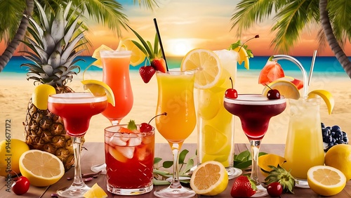 Party cocktails and longdrinks garnished with fruits for summer photo