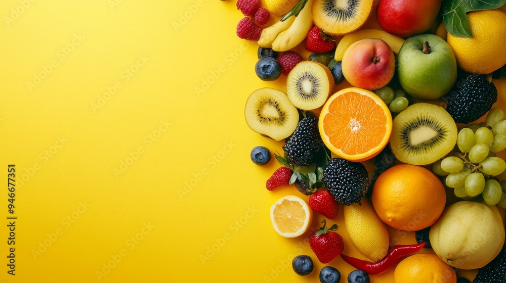 A vibrant mix of fresh fruits, including kiwi, orange, grapes, apple, lemon, and berries, arranged on a bright yellow background. This image symbolizes freshness, health, and abundance. A vibrant mix of fresh fruits, including kiwi, orange, grapes, apple, lemon, and berries, arranged on a bright yellow background. This image symbolizes freshness, health, and abundance.