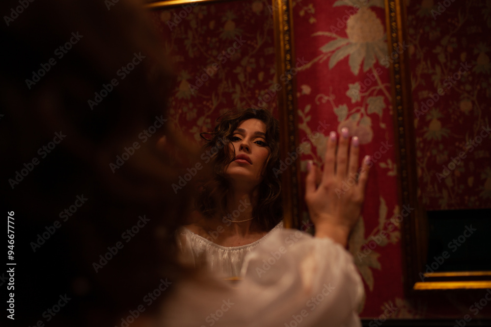 Portrait of a beautiful elegant young girl with hair and makeup. A curly girl with professional styling and makeup poses in the background of bathroom Portrait of a beautiful elegant young girl with hair and makeup. A curly girl with professional styling and makeup poses in the background of bathroom