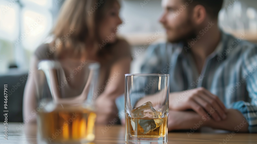 Two people sitting at a table with a glass of whiskey and a decanter in focus. Scene captures a quiet and intimate moment between them Two people sitting at a table with a glass of whiskey and a decanter in focus. Scene captures a quiet and intimate moment between them