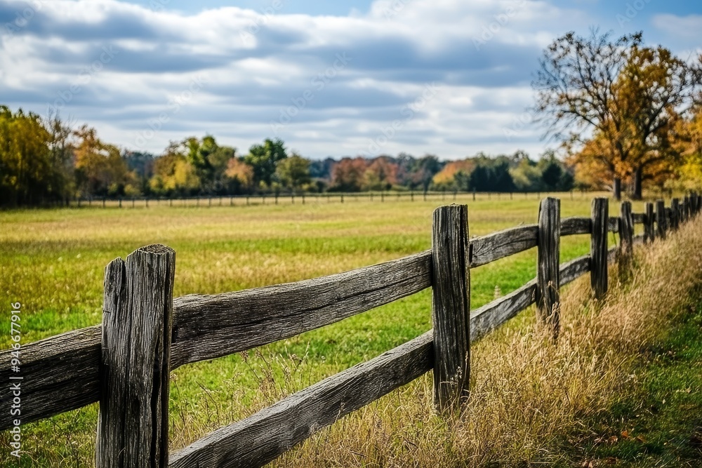A weathered wooden fence stretches across a field of green grass under a blue sky with fluffy clouds. The fence symbolizes boundaries, protection, and simplicity. The field represents growth, potenti A weathered wooden fence stretches across a field of green grass under a blue sky with fluffy clouds. The fence symbolizes boundaries, protection, and simplicity. The field represents growth, potenti