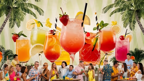 Party cocktails and longdrinks garnished with fruits for summer photo