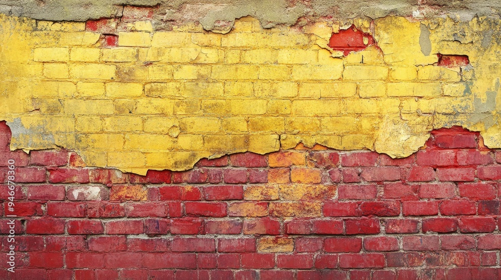 A weathered brick wall with red bricks at the bottom and yellow bricks at the top, showcasing the passage of time and the beauty of natural decay. A weathered brick wall with red bricks at the bottom and yellow bricks at the top, showcasing the passage of time and the beauty of natural decay.