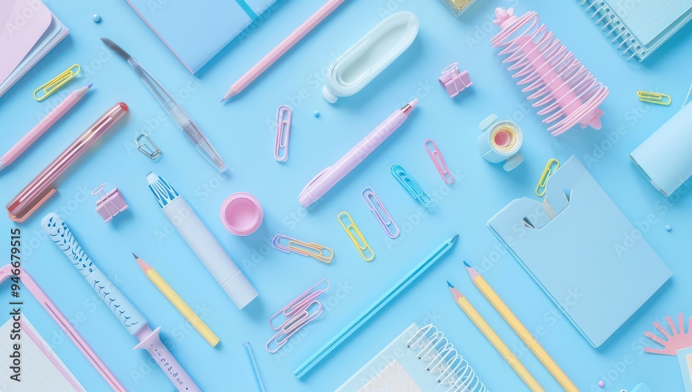 Soft sky blue background with stationery items arranged in a fun pattern, emphasizing detail and color