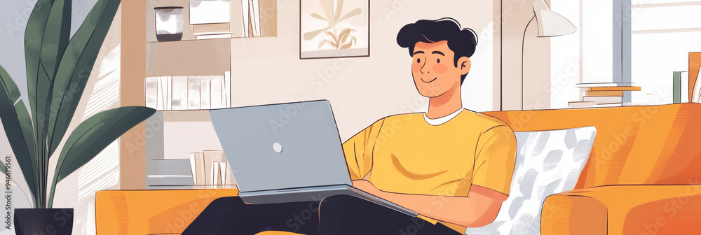 A young man is sitting on a couch at home, looking at a laptop screen. He is smiling, suggesting he is engaged with what he is watching. This image represents online learning, webinars, remote work, a A young man is sitting on a couch at home, looking at a laptop screen. He is smiling, suggesting he is engaged with what he is watching. This image represents online learning, webinars, remote work, a