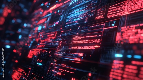 An abstract image of a digital wall covered in glowing red and blue code, symbolizing the complexities of cybersecurity, data privacy, hacking, and the digital world.