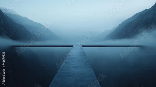 The image shows a long concrete path or ramp extending outwards into a foggy mountain valley with surrounding hills, creating a sense of mystery and infinity. photo